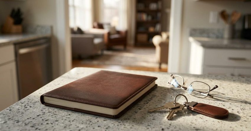 Leather journal, house keys with a keychain, and eyeglasses resting on a granite kitchen countertop in a bright home.