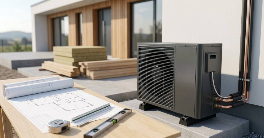 Heat pump installation for an energy-efficient new home construction project.
