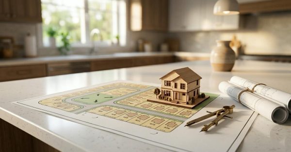 House model on a residential site plan with rolled blueprints and drafting tools displayed on a modern kitchen countertop.