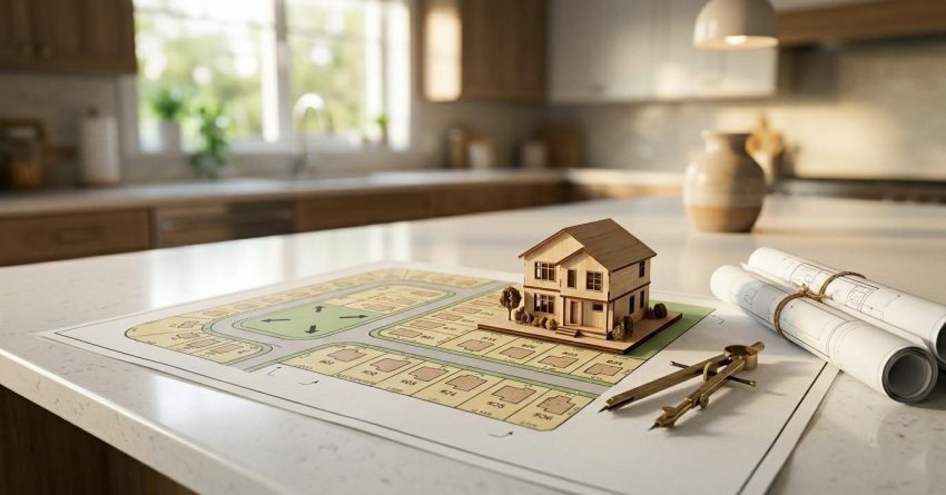 House model on a residential site plan with rolled blueprints and drafting tools displayed on a modern kitchen countertop.