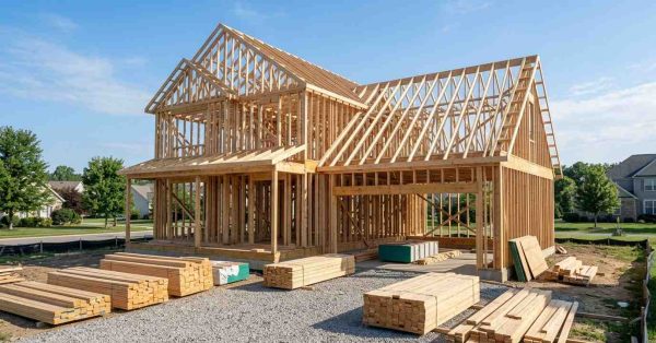 Wood-framed house under construction with exposed roof trusses and stacked lumber.