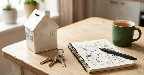 House-shaped savings bank, keys, budget notebook, pen, and a steaming mug on a wooden table in a bright kitchen.