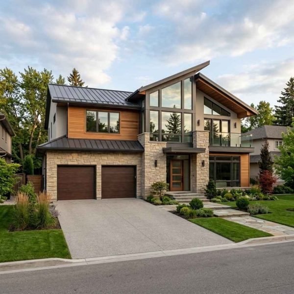 Modern custom home with stone and metal roof