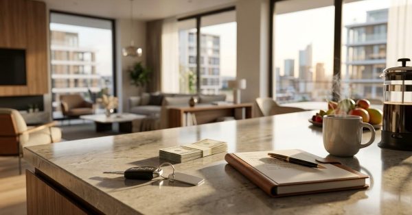 Keys, cash, and a notebook on a kitchen island in a modern apartment overlooking a city skyline.