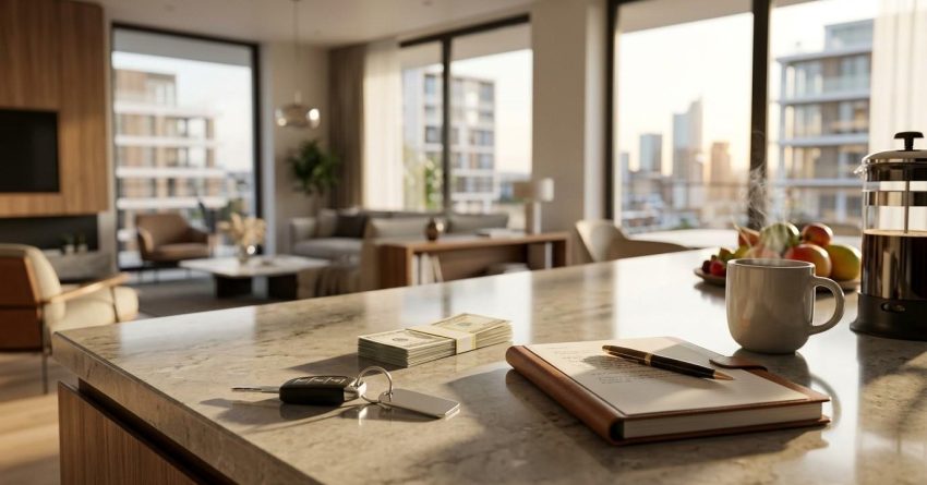 Keys, cash, and a notebook on a kitchen island in a modern apartment overlooking a city skyline.