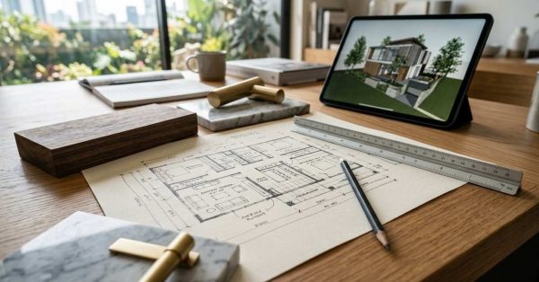 Home design workspace with floor plans, material samples, ruler, and digital house rendering on a tablet.