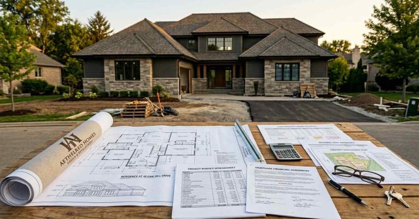 Home construction plans, financing documents, and budget estimates displayed in front of a newly built custom home.