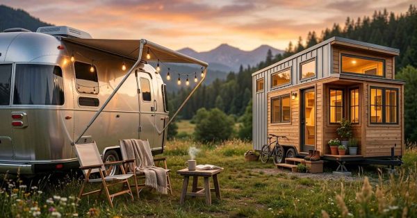 Side-by-side comparison of an RV and a tiny house in a scenic mountain meadow, highlighting two popular small-living lifestyles with outdoor seating and cozy amenities.
