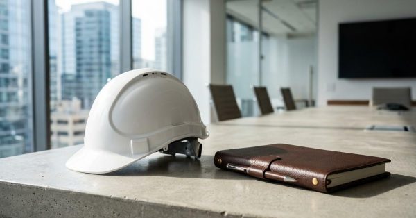 Construction hard hat and planner on a conference table.