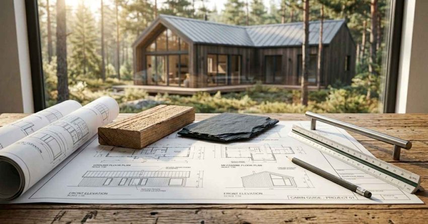 Cabin blueprints with wood and stone samples on a workbench overlooking a modern forest cabin.