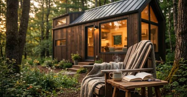 Cozy tiny house nestled in a forest at sunset, with a steaming mug, open book, and blanket on an outdoor chair, conveying a simple, peaceful lifestyle connected to nature.