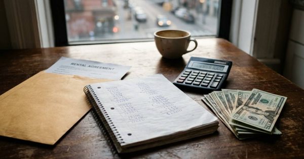Rental agreement, calculator, cash, and budget notes on a table, representing rental costs and financial planning.