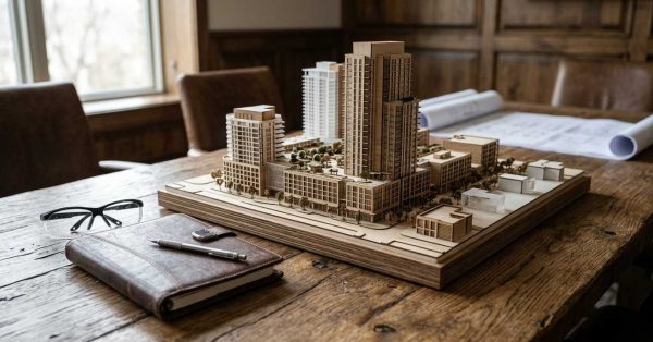Architectural model of a high-rise development on a conference table.