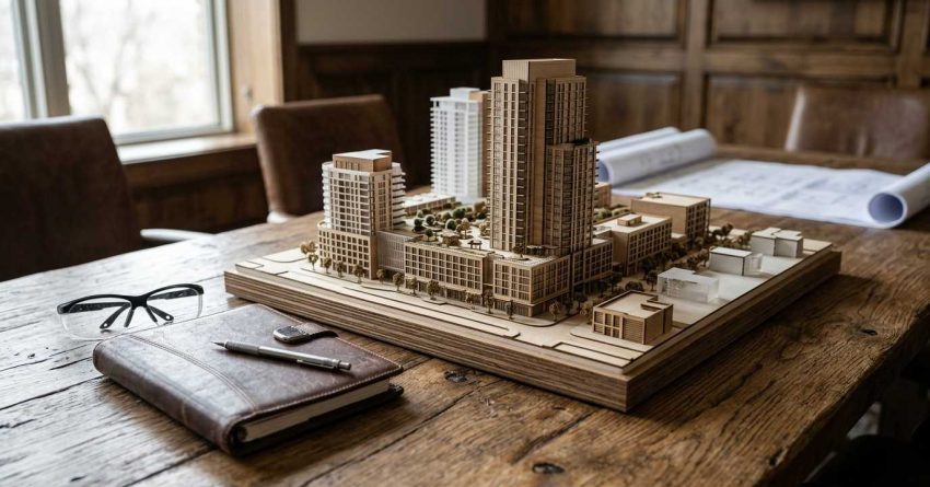 Architectural model of a high-rise development on a conference table.