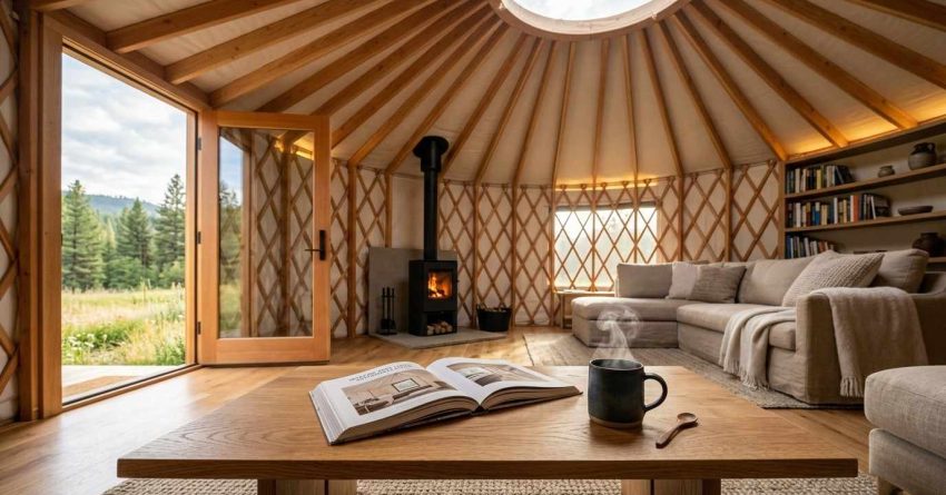 Cozy yurt interior with a wood stove, sofa, and coffee table overlooking nature.