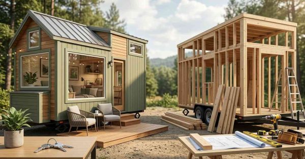 Comparison of a finished tiny home and a tiny home under construction on trailers, illustrating the choice between buying a completed unit and building one from scratch.