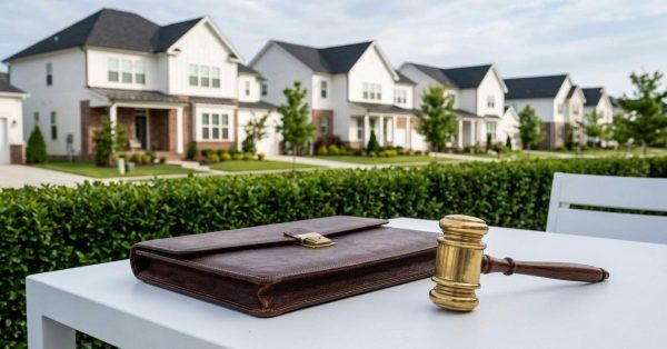 Gavel and portfolio with a residential neighborhood in the background.