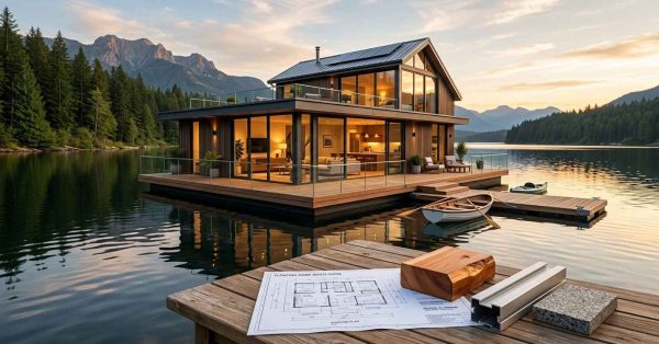 Modern floating home on a lake with blueprints and building materials on a dock.