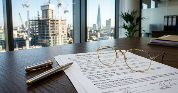 Eyeglasses on a construction contract in a modern office.