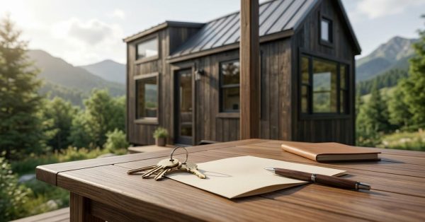 Keys, paperwork, and a pen on an outdoor table in front of a tiny house, symbolizing tiny-home ownership, insurance, and property protection.