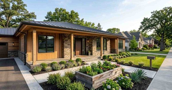 Modern single-story home with wood and stone exterior, covered front porch, raised garden bed, and landscaped suburban front yard.