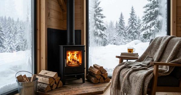 Cozy tiny-home interior in winter with a wood-burning stove, stacked firewood, and a blanket-covered chair beside large windows overlooking a snowy forest, highlighting cold-weather heating and comfort.