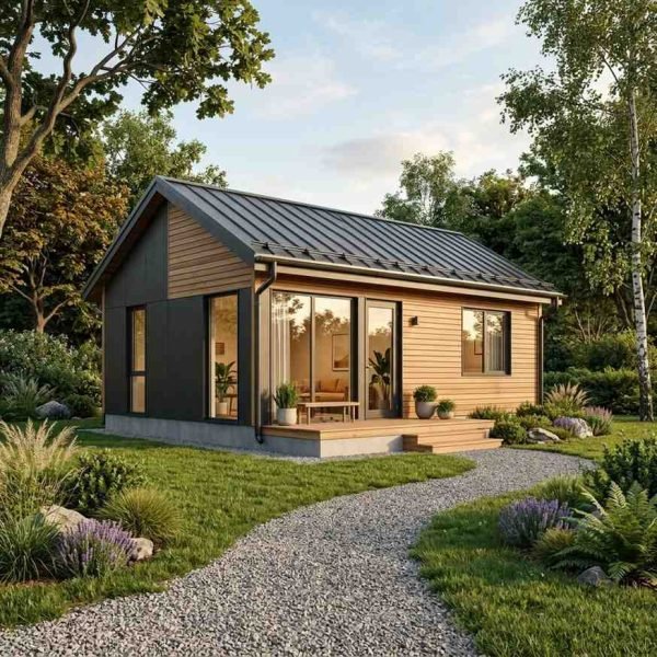 Modern prefab home with wood siding and metal roof