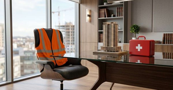 Safety vest, first aid kit, and building model in an office.