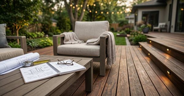 Outdoor deck with patio seating, construction plans, measuring tools, and design notes on a table, illustrating residential deck planning and backyard renovation.