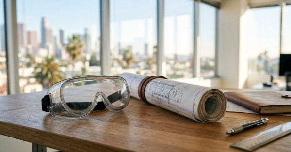 Safety goggles and rolled blueprints on a desk.