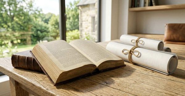 Open law book and rolled blueprints on a wooden desk.