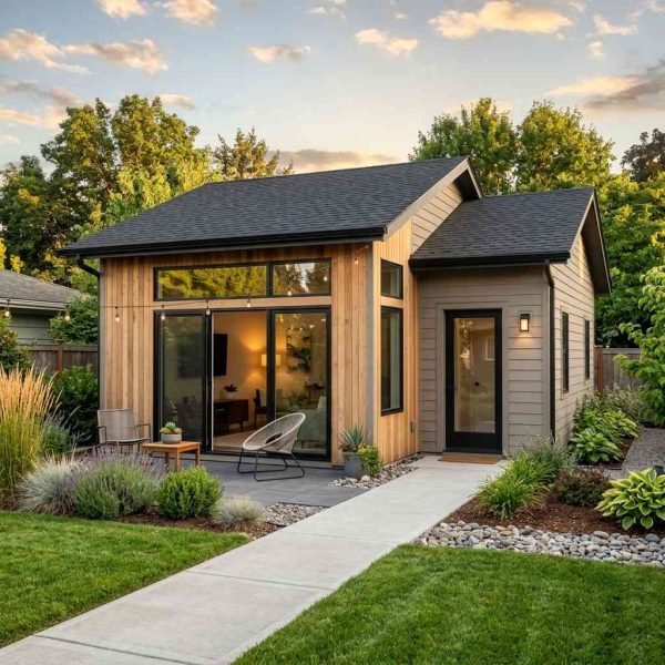 Modern backyard ADU with wood siding and landscaped yard