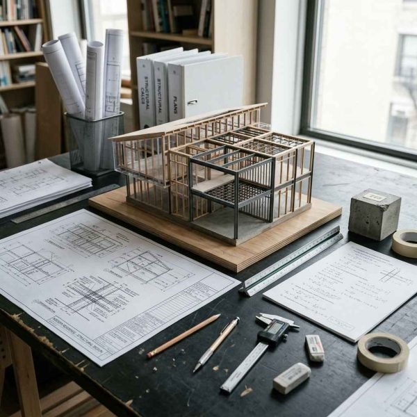 Structural building model with architectural plans