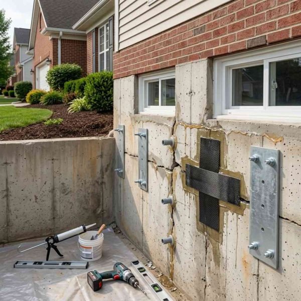 Residential foundation wall repair with steel reinforcement