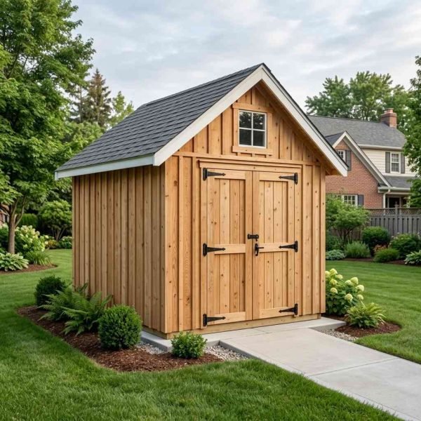 Newly built wooden backyard storage shed