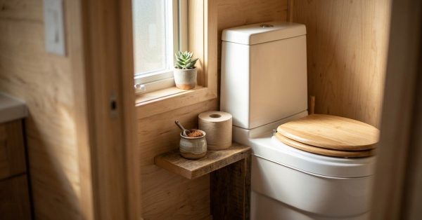 Compact tiny-house bathroom with a toilet, wood finishes, and a small window