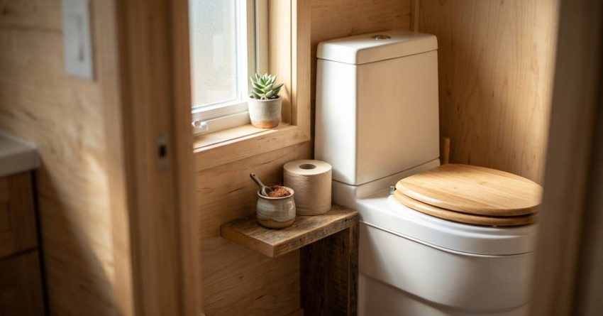 Compact tiny-house bathroom with a toilet, wood finishes, and a small window