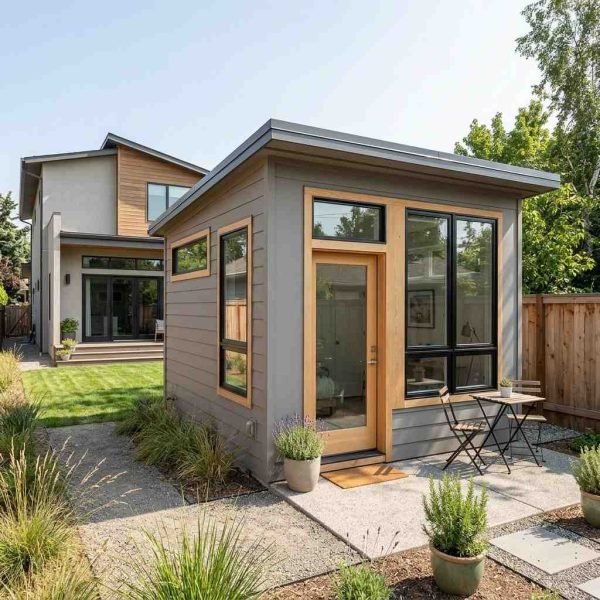 Modern junior ADU in a landscaped backyard