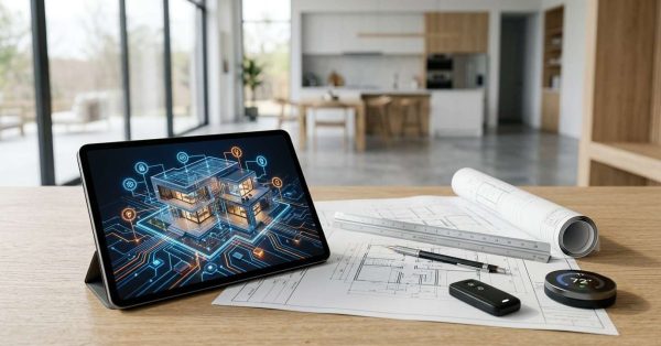 Smart home automation system with connected devices and modern open-plan living space.