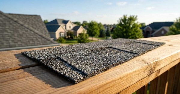 Asphalt roofing shingles on a wooden deck.