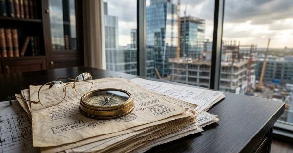 Legal documents, blueprints, and a compass on a desk overlooking a construction site.
