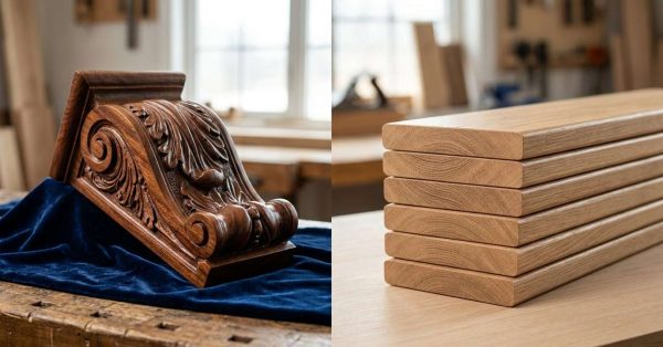 Hand-carved woodwork compared with stacked production lumber.