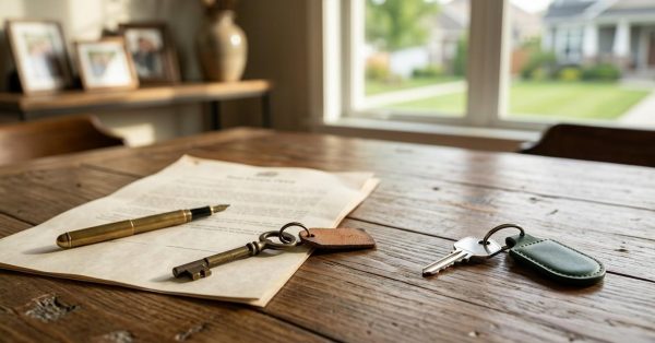 House transfer documents and keys on a table, symbolizing a family property sale or ownership transfer