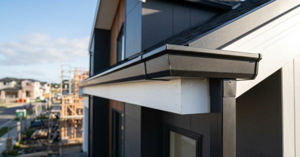 Modern gutter and downspout on a newly built home.