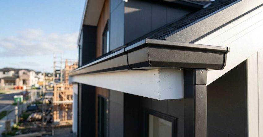Modern gutter and downspout on a newly built home.