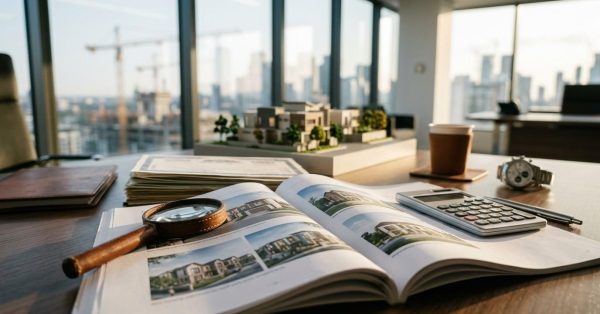 Real estate investment workspace with property listings, calculator, documents, and a scale model of homes.