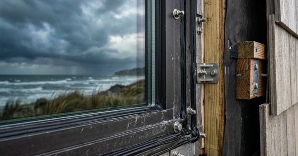 Hurricane-resistant window frame on a coastal home.