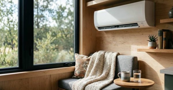Cozy tiny home seating area with a wall-mounted mini-split air conditioner above a cushioned bench by a large window.