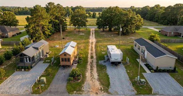 Aerial comparison of four housing types displayed side by side on separate lots: a park model home, a tiny home on wheels, a travel trailer RV, and a manufactured home. The image highlights differences in size, design, foundations, utility connections, and site layouts within a semi-rural residential setting.