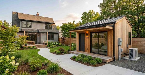 Modern backyard ADU with wood siding, landscaped garden, curved walkway, and main house in the background.